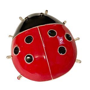 Red Ladybug Pin Brooch Pendant Necklace Enamel 22" Black Cord Insect Bug Big